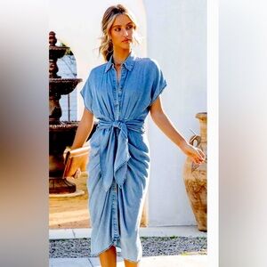 Denim short sleeve soft denim lyocell rushed midi dress